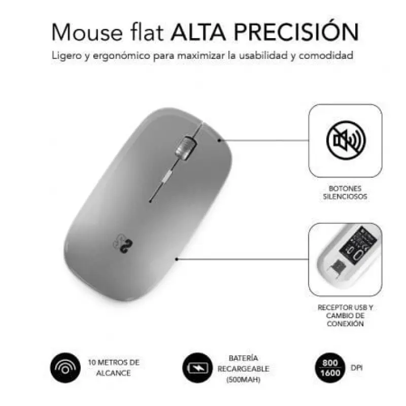 Ratón Inalámbrico por Bluetooth Subblim Dual Flat/ Batería recargable/ Hasta 1600 DPI/ Plata Ratón Inalámbrico por Bluetooth Subblim Dual Flat/ Batería recargable/ Hasta 1600 DPI/ Plata