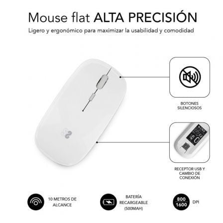 Ratón Inalámbrico por Bluetooth Subblim Dual Flat/ Batería recargable/ Hasta 1600 DPI/ Blanco Ratón Inalámbrico por Bluetooth Subblim Dual Flat/ Batería recargable/ Hasta 1600 DPI/ Blanco