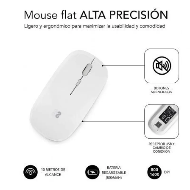Ratón Inalámbrico por Bluetooth Subblim Dual Flat/ Batería recargable/ Hasta 1600 DPI/ Blanco Ratón Inalámbrico por Bluetooth Subblim Dual Flat/ Batería recargable/ Hasta 1600 DPI/ Blanco