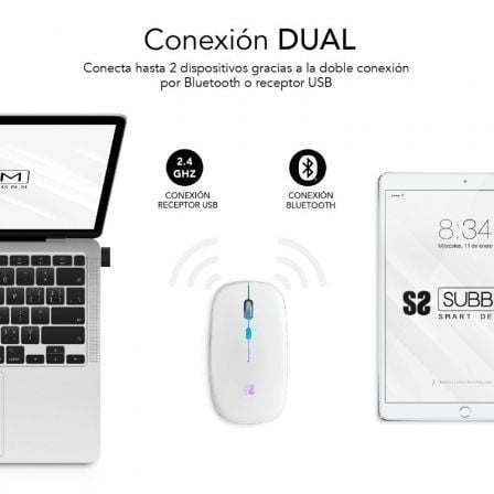 Ratón Inalámbrico por Bluetooth Subblim LED Dual Flat/ Batería recargable/ Hasta 1600 DPI/ Blanco Ratón Inalámbrico por Bluetooth Subblim LED Dual Flat/ Batería recargable/ Hasta 1600 DPI/ Blanco