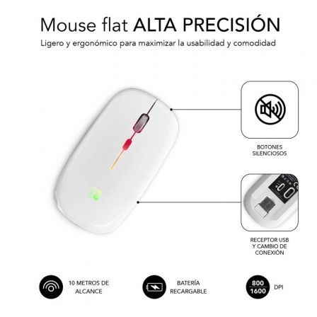 Ratón Inalámbrico por Bluetooth Subblim LED Dual Flat/ Batería recargable/ Hasta 1600 DPI/ Blanco Ratón Inalámbrico por Bluetooth Subblim LED Dual Flat/ Batería recargable/ Hasta 1600 DPI/ Blanco