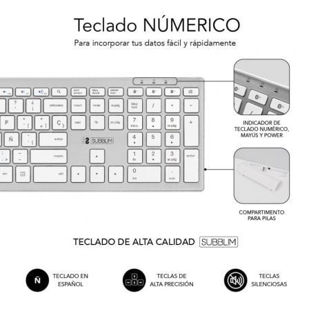 Teclado Inalámbrico por Bluetooth Subblim 2PUE200 Pure Extended/ Plata Teclado Inalámbrico por Bluetooth Subblim 2PUE200 Pure Extended/ Plata