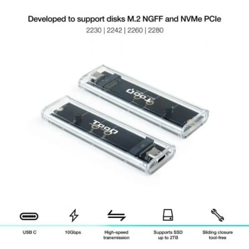 Caja Externa para Disco SSD M.2 NVMe TooQ TQE-2200/ USB 3.2/ Sin tornillos Caja Externa para Disco SSD M.2 NVMe TooQ TQE-2200/ USB 3.2/ Sin tornillos