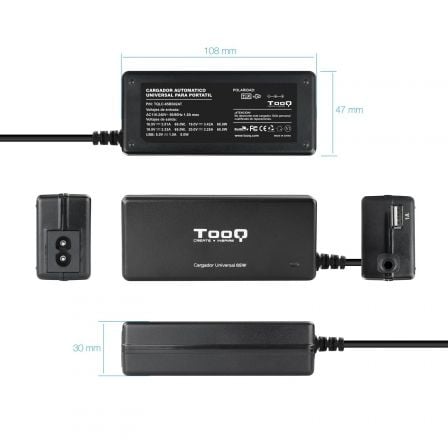 Cargador de Portátil TooQ TQLC-65BS02AT/ 65W/ Automático/ 8 Conectores/ Voltaje 18.5-20V/ 1 USB Cargador de Portátil TooQ TQLC-65BS02AT/ 65W/ Automático/ 8 Conectores/ Voltaje 18.5-20V/ 1 USB
