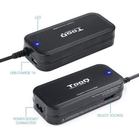 Cargador de Portátil TooQ TQLC-90BS02M/ 90W/ Manual/ 12 Conectores/ Voltaje 15-24V/ 1 USB Cargador de Portátil TooQ TQLC-90BS02M/ 90W/ Manual/ 12 Conectores/ Voltaje 15-24V/ 1 USB