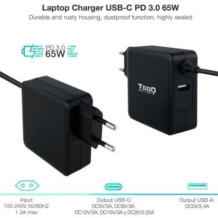 Cargador de Portátil TooQ TQLC-USBC65PD USB Tipo-C/ 65W/ Automático/ Voltaje 5-20V/ 1x USB Cargador de Portátil TooQ TQLC-USBC65PD USB Tipo-C/ 65W/ Automático/ Voltaje 5-20V/ 1x USB