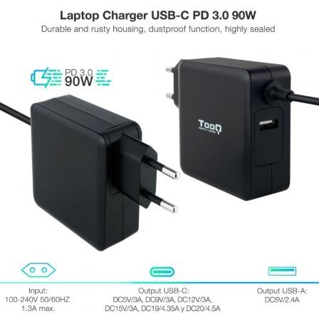 Cargador de Portátil TooQ TQLC-USBC90PD USB Tipo-C/ 90W/ Automático/ Voltaje 5-20V/ 1x USB Tipo-C Cargador de Portátil TooQ TQLC-USBC90PD USB Tipo-C/ 90W/ Automático/ Voltaje 5-20V/ 1x USB Tipo-C