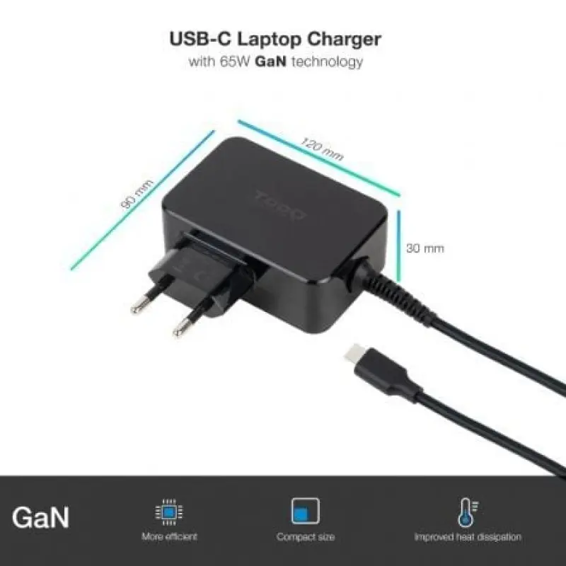 Cargador de Portátil TooQ TQLC-USBCGAN65PD USB Tipo-C/ 65W/ Automático/ Voltaje 5-20V Cargador de Portátil TooQ TQLC-USBCGAN65PD USB Tipo-C/ 65W/ Automático/ Voltaje 5-20V