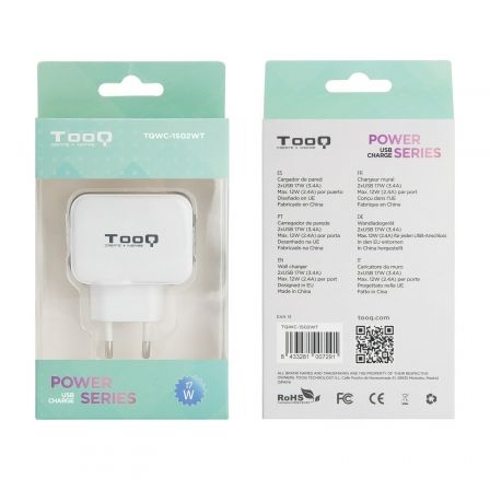 Cargador de Pared TooQ TQWC-1S02WT/ 2xUSB/ 17W Cargador de Pared TooQ TQWC-1S02WT/ 2xUSB/ 17W