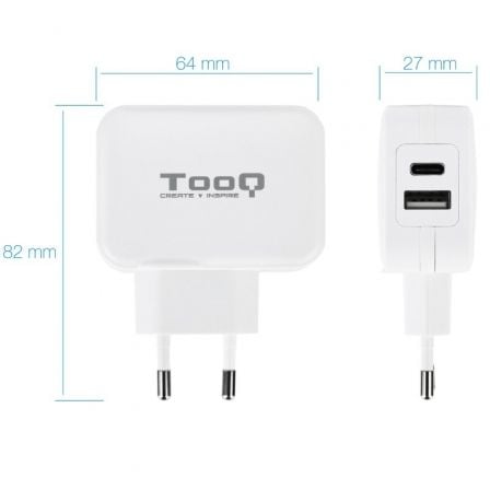 Cargador de Pared TooQ TQWC-2SC02WT/ 1xUSB Tipo-C/ 1x USB/ 27W Cargador de Pared TooQ TQWC-2SC02WT/ 1xUSB Tipo-C/ 1x USB/ 27W