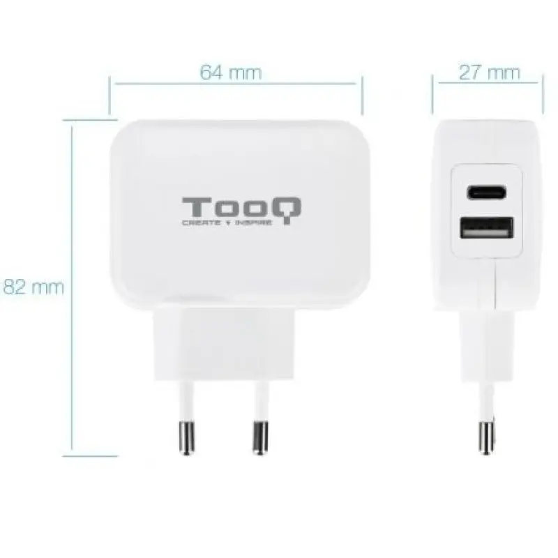 Cargador de Pared TooQ TQWC-2SC02WT/ 1xUSB Tipo-C/ 1x USB/ 27W Cargador de Pared TooQ TQWC-2SC02WT/ 1xUSB Tipo-C/ 1x USB/ 27W