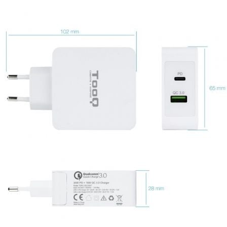 Cargador de Pared TooQ TQWC-2SC03WT/ 1xUSB Tipo-C/ 1xUSB/ 48W Cargador de Pared TooQ TQWC-2SC03WT/ 1xUSB Tipo-C/ 1xUSB/ 48W