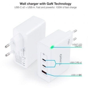 Cargador de Pared TooQ TQWC-GANQC2PD100W/ 2xUSB Tipo-C/ 1xUSB/ 100W Cargador de Pared TooQ TQWC-GANQC2PD100W/ 2xUSB Tipo-C/ 1xUSB/ 100W