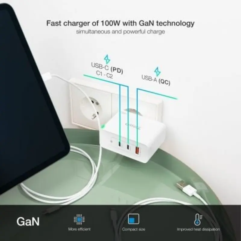 Cargador de Pared TooQ TQWC-GANQC2PD100W/ 2xUSB Tipo-C/ 1xUSB/ 100W Cargador de Pared TooQ TQWC-GANQC2PD100W/ 2xUSB Tipo-C/ 1xUSB/ 100W
