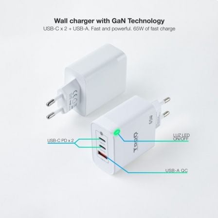 Cargador Gan de Pared TooQ TQWC-GANQC2PD65WT/ 2xUSB Tipo-C/ 1xUSB/ 65W Cargador Gan de Pared TooQ TQWC-GANQC2PD65WT/ 2xUSB Tipo-C/ 1xUSB/ 65W