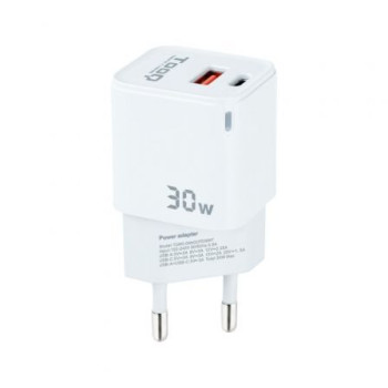 Cargador de Pared TooQ TQWC-GANQCPD30WT/ 1xUSB Tipo-C/ 1xUSB/ 30W Cargador de Pared TooQ TQWC-GANQCPD30WT/ 1xUSB Tipo-C/ 1xUSB/ 30W