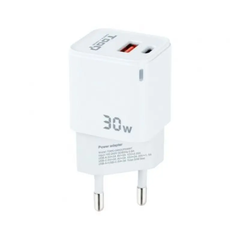 Cargador de Pared TooQ TQWC-GANQCPD30WT/ 1xUSB Tipo-C/ 1xUSB/ 30W Cargador de Pared TooQ TQWC-GANQCPD30WT/ 1xUSB Tipo-C/ 1xUSB/ 30W