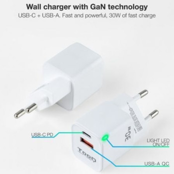 Cargador de Pared TooQ TQWC-GANQCPD30WT/ 1xUSB Tipo-C/ 1xUSB/ 30W Cargador de Pared TooQ TQWC-GANQCPD30WT/ 1xUSB Tipo-C/ 1xUSB/ 30W