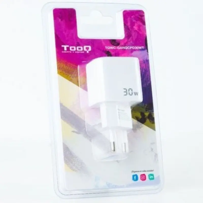 Cargador de Pared TooQ TQWC-GANQCPD30WT/ 1xUSB Tipo-C/ 1xUSB/ 30W Cargador de Pared TooQ TQWC-GANQCPD30WT/ 1xUSB Tipo-C/ 1xUSB/ 30W