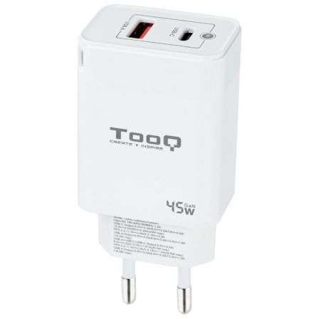 Cargador Gan de Pared TooQ TQWC-GANQCPD45WT/ 1xUSB Tipo-C/ 1xUSB/ 45W Cargador Gan de Pared TooQ TQWC-GANQCPD45WT/ 1xUSB Tipo-C/ 1xUSB/ 45W