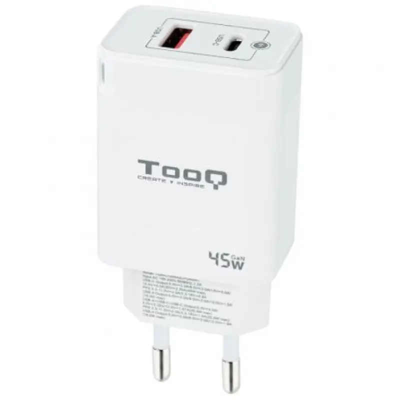 Cargador Gan de Pared TooQ TQWC-GANQCPD45WT/ 1xUSB Tipo-C/ 1xUSB/ 45W Cargador Gan de Pared TooQ TQWC-GANQCPD45WT/ 1xUSB Tipo-C/ 1xUSB/ 45W
