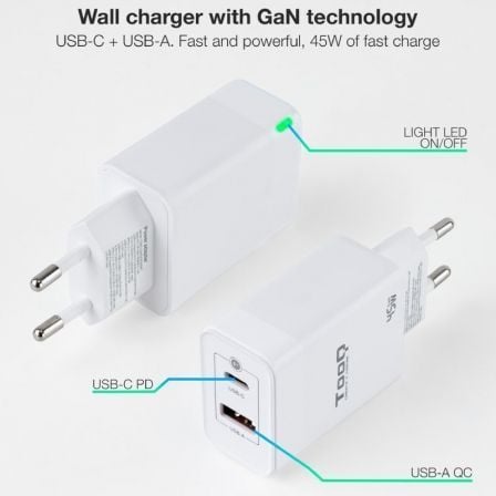 Cargador Gan de Pared TooQ TQWC-GANQCPD45WT/ 1xUSB Tipo-C/ 1xUSB/ 45W Cargador Gan de Pared TooQ TQWC-GANQCPD45WT/ 1xUSB Tipo-C/ 1xUSB/ 45W