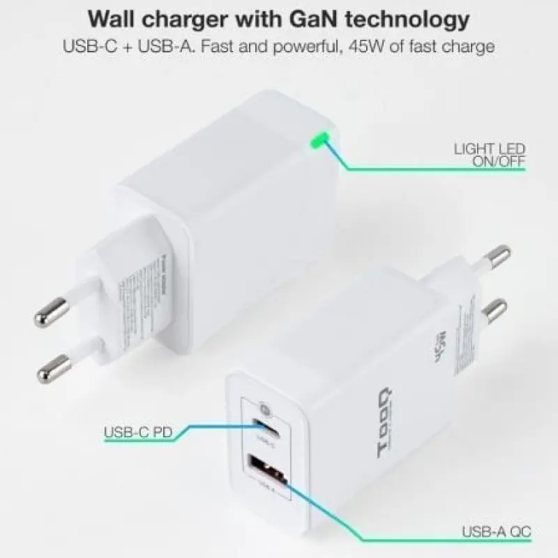 Cargador Gan de Pared TooQ TQWC-GANQCPD45WT/ 1xUSB Tipo-C/ 1xUSB/ 45W Cargador Gan de Pared TooQ TQWC-GANQCPD45WT/ 1xUSB Tipo-C/ 1xUSB/ 45W