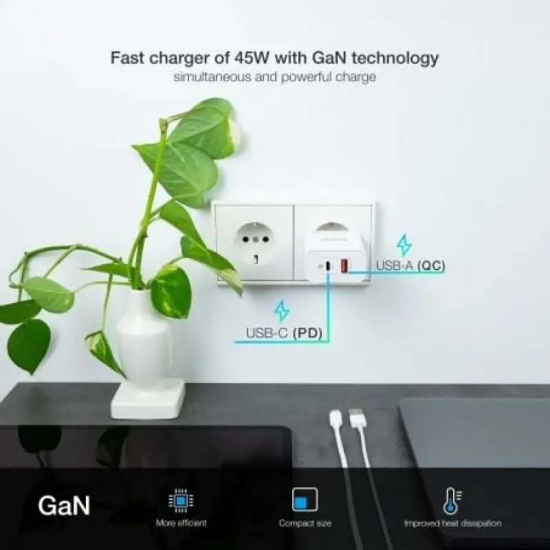 Cargador Gan de Pared TooQ TQWC-GANQCPD45WT/ 1xUSB Tipo-C/ 1xUSB/ 45W Cargador Gan de Pared TooQ TQWC-GANQCPD45WT/ 1xUSB Tipo-C/ 1xUSB/ 45W