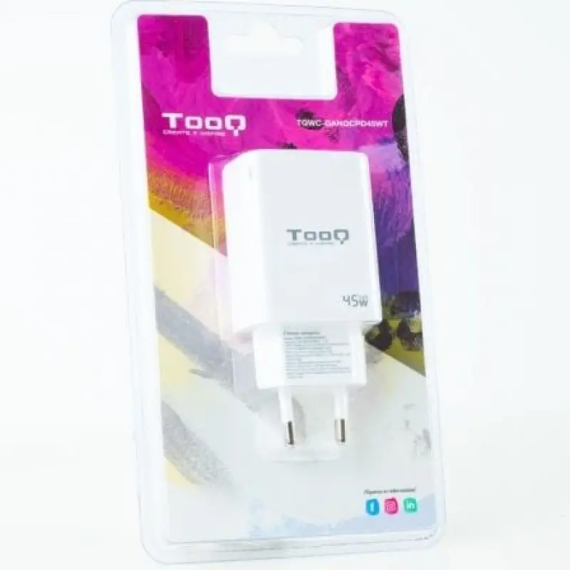 Cargador Gan de Pared TooQ TQWC-GANQCPD45WT/ 1xUSB Tipo-C/ 1xUSB/ 45W Cargador Gan de Pared TooQ TQWC-GANQCPD45WT/ 1xUSB Tipo-C/ 1xUSB/ 45W
