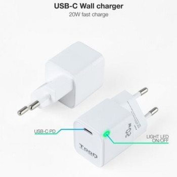 Cargador de Pared TooQ TQWC-PD20WT/ 1xUSB Tipo-C/ 20W/ Blanco Cargador de Pared TooQ TQWC-PD20WT/ 1xUSB Tipo-C/ 20W/ Blanco
