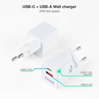 Cargador de Pared TooQ TQWC-QCPD20WT/ 1xUSB-Tipo C/ 1x USB/ 20W/ Blanco Cargador de Pared TooQ TQWC-QCPD20WT/ 1xUSB-Tipo C/ 1x USB/ 20W/ Blanco