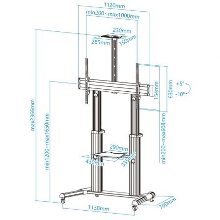 Soporte de Suelo Inclinable/ Ajustable con Ruedas TooQ FS20300M-B para TV de 60-100'/ hasta 100kg Soporte de Suelo Inclinable/ Ajustable con Ruedas TooQ FS20300M-B para TV de 60-100'/ hasta 100kg