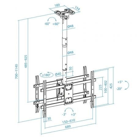 Soporte de Techo Giratorio/ Inclinable/ Nivelable TooQ LPCE2286TSLI-B para 2 TV de 43-86'/ hasta 100kg Soporte de Techo Giratorio/ Inclinable/ Nivelable TooQ LPCE2286TSLI-B para 2 TV de 43-86'/ hasta 100kg