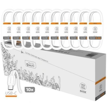 Pack 10 Cables USB 2.0 Tech One Tech Basik TEC2953/ USB Macho - USB Tipo-C Macho/ 1m/ Blanco Pack 10 Cables USB 2.0 Tech One Tech Basik TEC2953/ USB Macho - USB Tipo-C Macho/ 1m/ Blanco