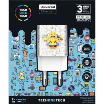 Cargador de Pared Tech One Tech Emojitech Smile TEC2502/ 2xUSB/ 2.4A/ Blanco Cargador de Pared Tech One Tech Emojitech Smile TEC2502/ 2xUSB/ 2.4A/ Blanco