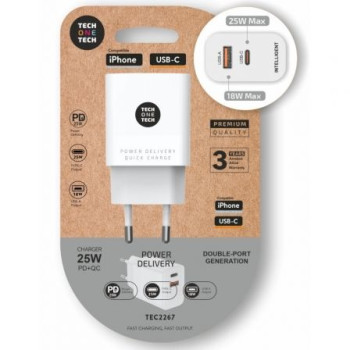 Cargador de Pared Tech One Tech TEC2267/ 1xUSB Tipo-C/ 1xUSB/ 3A/ Blanco Cargador de Pared Tech One Tech TEC2267/ 1xUSB Tipo-C/ 1xUSB/ 3A/ Blanco