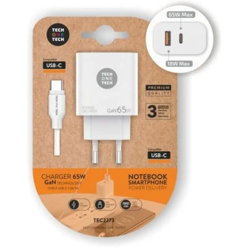 Cargador Gan de Pared Tech One Tech GaN PD TEC2273 / 1xUSB Tipo-C/ 1x USB/ 65W Cargador Gan de Pared Tech One Tech GaN PD TEC2273 / 1xUSB Tipo-C/ 1x USB/ 65W