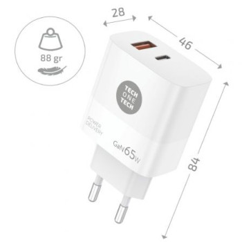 Cargador Gan de Pared Tech One Tech GaN PD TEC2273 / 1xUSB Tipo-C/ 1x USB/ 65W Cargador Gan de Pared Tech One Tech GaN PD TEC2273 / 1xUSB Tipo-C/ 1x USB/ 65W