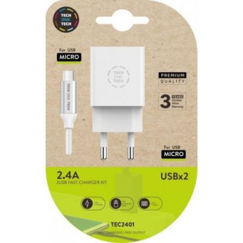 Cargador de Pared Tech One Tech TEC2401/ 2xUSB + Cable Micro USB/ 2.4A/ Blanco Cargador de Pared Tech One Tech TEC2401/ 2xUSB + Cable Micro USB/ 2.4A/ Blanco