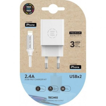 Cargador de Pared Tech One Tech TEC2402/ 2xUSB + Cable Lightning/ 2.4A/ Blanco Cargador de Pared Tech One Tech TEC2402/ 2xUSB + Cable Lightning/ 2.4A/ Blanco
