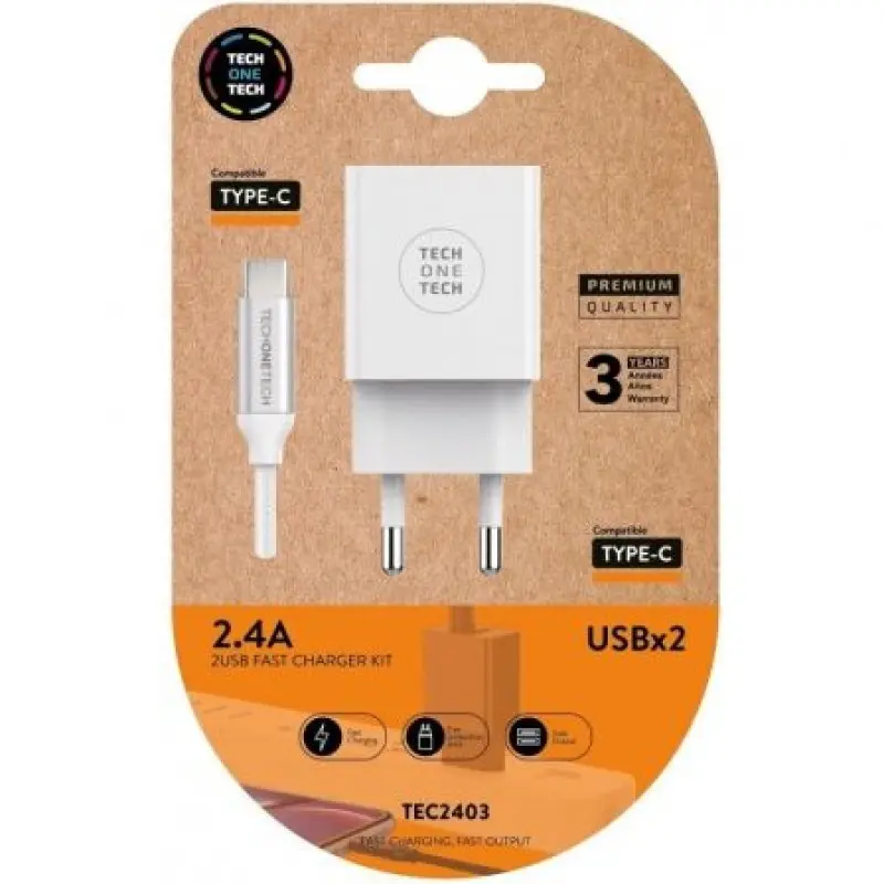 Cargador de Pared Tech One Tech TEC2403/ 2xUSB + Cable USB Tipo-C/ 2.4A/ Blanco Cargador de Pared Tech One Tech TEC2403/ 2xUSB + Cable USB Tipo-C/ 2.4A/ Blanco