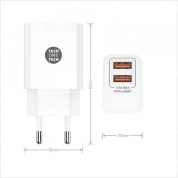 Cargador de Pared Tech One Tech TEC2403/ 2xUSB + Cable USB Tipo-C/ 2.4A/ Blanco Cargador de Pared Tech One Tech TEC2403/ 2xUSB + Cable USB Tipo-C/ 2.4A/ Blanco