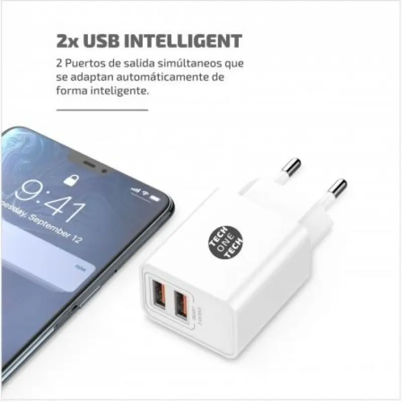 Cargador de Pared Tech One Tech TEC2403/ 2xUSB + Cable USB Tipo-C/ 2.4A/ Blanco Cargador de Pared Tech One Tech TEC2403/ 2xUSB + Cable USB Tipo-C/ 2.4A/ Blanco