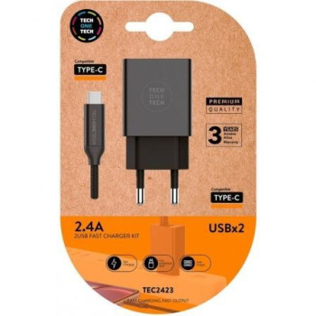 Cargador de Pared Tech One Tech TEC2423/ 2xUSB + Cable USB Tipo-C/ 2.4A/ Negro Cargador de Pared Tech One Tech TEC2423/ 2xUSB + Cable USB Tipo-C/ 2.4A/ Negro
