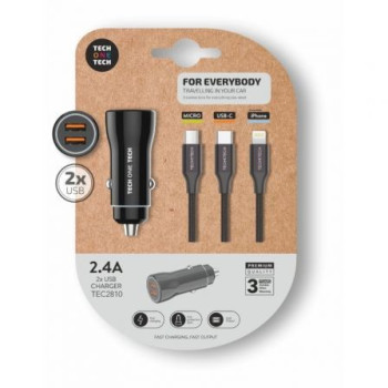 Cargador de Coche Tech One Tech TEC2810/ 2xUSB + Cable 3 en 1/ 2.4A Cargador de Coche Tech One Tech TEC2810/ 2xUSB + Cable 3 en 1/ 2.4A