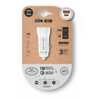 Cargador de Coche Tech One Tech TEC2813/ 1xUSB-Tipo C/ 1xUSB/ 38W Cargador de Coche Tech One Tech TEC2813/ 1xUSB-Tipo C/ 1xUSB/ 38W