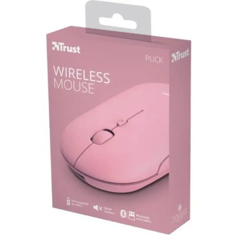 Ratón Inalámbrico por Bluetooth Trust Puck/ Batería recargable/ Hasta 1600 DPI/ Rosa Ratón Inalámbrico por Bluetooth Trust Puck/ Batería recargable/ Hasta 1600 DPI/ Rosa
