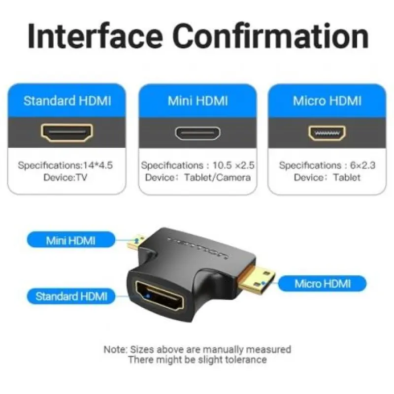 Adaptador HDMI 2 en 1 Vention AGFB0/ HDMI Hembra - Micro HDMI Macho - Mini HDMI Macho Adaptador HDMI 2 en 1 Vention AGFB0/ HDMI Hembra - Micro HDMI Macho - Mini HDMI Macho