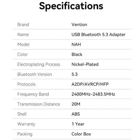 Adaptador USB - Bluetooth Vention NAHB0 Adaptador USB - Bluetooth Vention NAHB0