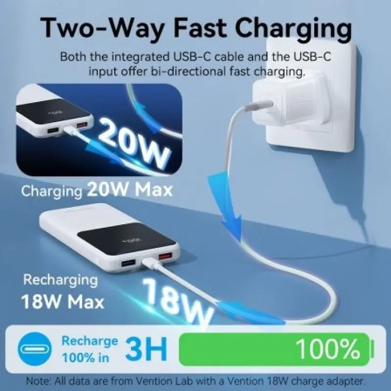 Powerbank 10000mAh Vention FHOW0/ 22.5W/ Blanca/ Incluye Cable USB TIpo-C y Lightning Powerbank 10000mAh Vention FHOW0/ 22.5W/ Blanca/ Incluye Cable USB TIpo-C y Lightning